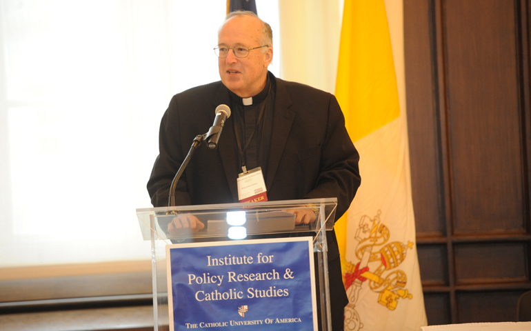 Bishop Robert McElroy addresses the conference "Erroneous Autonomy: The Dignity of Work" Jan. 10 at The Catholic University of America in Washington. (Courtesy of The Catholic University of America)