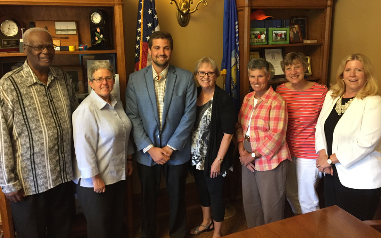 Visiting the office of Wisconsin State Rep. John Nygren, R-Marinette, are, from left, Richard Bryant, Sr. Julie Schwab, Chris Borgerding, Suzi Herbst, Peggy Spiewak, Mary Flynn and Cindy Tubbs. All are members of the Restoring Roots working group except for Borgerding, who is Nygren’s communications director and policy advisor on heroin and opiates addiction prevention. (Photo courtesy of Sr. Julie Schwab)