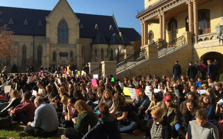 Notre Dame students participated in a sit-in Nov. 16 to urge the university president Holy Cross Fr. John Jenkins to designate the school as a "sanctuary campus." (Courtesy of Perin Gurel)
