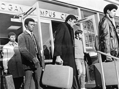 Members of the Black Student Union of the College of the Holy Cross in Worcester, Mass., walk out in protest in 1969. (Courtesy of the Worcester Telegram & Gazette)