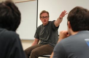 Joshua Casteel teaches rhetoric to freshmen at the University of Iowa. (Cecelia Hanley)