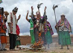 Bolivian President Evo Morales, seond from left, takes part in an indigenous ritual held in the temple complex of Tiwanaku Jan. 21, as part of the ceremonies for his inauguration for a second term. (AFP/Aizar Raldes)
