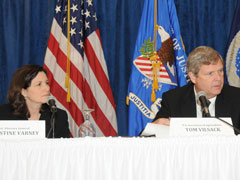 Christine Varney of the Justice Department and Agriculture Secretary Tom Vilsack listen during a workshop with poultry farmers in Normal, Ala., May 21, 2010. (USDA photo)