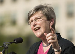 Sr. Simone Campbell, a Sister of Social Service and director of Network, a national Catholic social justice lobby, speaks in support of universal health care at an interfaith event in Washington last June. (CNS/Paul Haring)