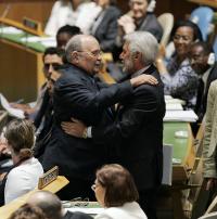 Samuel Santos LÛpez, right, Nicaraguan foreign minister, congratulates Fr. Miguel díEscoto Brockmann following the priestís election as head of the U.N. General Assembly in New York June 4. (CNS/United Nations/Paulo Filgueiras)