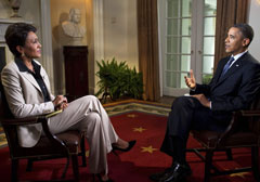 President Barack Obama speaks to Robin Roberts of ABC's "Good Morning America" at the White House May 9. During the interview Obama said he believes same-sex couples should be allowed to marry. (CNS/Reuters/Courtesy of the White House/Pete Souza)