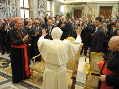 Pope Benedict XVI waves during a meeting with members of the Pontifical Academy for Life at the Vatican Feb. 25. (CNS/L'Osservatore Romano via Reuters)