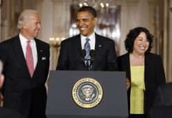 With U.S. Vice President Joe Biden at his side, President Barack Obama announces federal appeals judge Sonia Sotomayor as his nominee for Supreme Court justice during a news conference at the White House in Washington May 26. (CNS/Reuters/Larry Downing)