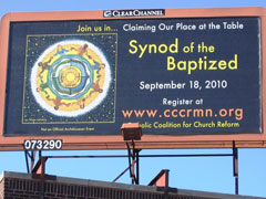 Five hundred people attended last year's Synod of the Baptized, which was publicized on this billboard. (Michael Bayly)