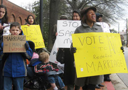 Supporters of traditional marriage demonstrate in Annapolis, Md., prior to a March 11 debate in the Maryland House of Delegates. A bill, which would have made it legal for couples of the same sex to marry, was returned to committee March 11, tabling the legislation in Maryland for the rest of this year's session. (CNS/Catholic Review/George P. Matysek Jr.)