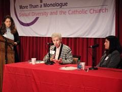Sr. Jeannine Gramick, center, and Jamie Manson, right, speak at Fairfield University's Oct. 29 conference, "The Care of Souls: Sexual Diversity, Celibacy, and Ministry." Moderator Diana Swancutt, left, is associate professor of the New Testament at Yale University. (Alice Popovici)