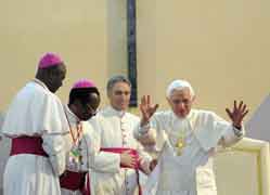 Benedict leaving his meeting with Cameroon bishops in the Church of Christ the King in the Tsinga quarter of Yaounde March 18. (CNS / Reuters)