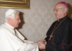 Pope Benedict XVI is greets Archbishop Robert Zollitsch of Freiburg, head of the German bishops' conference, during a meeting at the Vatican March 12. After meeting with the pope, Archbishop Zollitsch apologized to victims of child abuse by priests.(CNS photo)