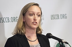 Karen Terry, principal investigator for the John Jay College report on the causes and context of clergy sexual abuse, speaks during a press conference at the headquarters of the U.S. Conference of Catholic Bishops in Washington May 18. (CNS photo)