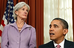 Secretary of Health and Human Services Kathleen Sebelius stands next to President Barack Obama in the Oval Office at the White House in Washington in this Oct. 31, 2011, file photo. (CNS photo/Reuters)