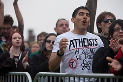 Alberto Valdez from Del Rio, Texas, joins others March 24 for the Reason Rally, a gathering of atheists and nonbelievers held on the National Mall in Washington. (CNS/Religion News Service/Tyrone Turner)