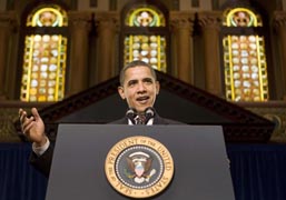 President Obama speaking at Georgetown University April 14 (CNS photo)
