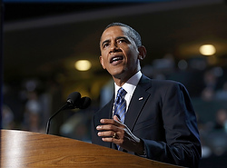 U.S. President Barack Obama accepts the 2012 U.S Democratic presidential nomination during the final session of Democratic National Convention in Charlotte, N.C., Sept. 6. (CNS/Reuters/Jim Young)