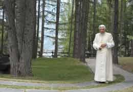 Pope Benedict XVI walks a path while on vacation in Les Combes, Italy, July 21. (CNS photo/L'Osservatore Romano via Reuters)