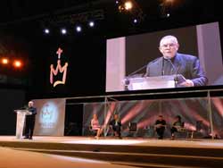 Archbishop Charles J. Chaput leads a religious freedom panel discussion Aug. 17 at World Youth Day in Madrid. (CNS)