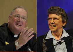 Archbishop Timothy Dolan and Sr. Carol Keehan (CNS photos/NCR composite)