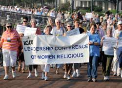 Members of the LCWR march through Woldenberg Riverside Park in New Orleans for a prayer service to preserve the wetlands, part of the LCWR's gathering last year. (CNS/Frank J Methe)