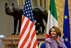 U.S. Speaker of the House Nancy Pelosi smiles during a ceremony at the Italian legislature in Rome Feb. 16. (CNS photo/Max Rossi, Reuters)