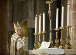 Bishop Edward J. Slattery of Tulsa, Okla., celebrates a solemn high Mass in the extraordinary form at the Basilica of the National Shrine of the Immaculate Conception in Washington April 24. (CNS)