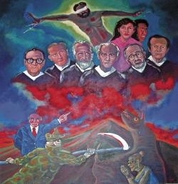 A mural by Miguel Antonio Bonilla depicts the Jesuit priests and two women who were shot to death by an elite army unit Nov. 16, 1989, at the Jesuit-run Universidad Centroamericana in San Salvador. The priests, Juan RamÛn Moreno, Amando LÛpez, Segundo Montes, Ignacio Ellacur"a, Ignacio Mart"n BarÛ, Joaqu"n LÛpez LÛpez, their housekeeper Elba Ramos and her daughter, Celina, are depicted in the painting, which appears inside a chapel dedicated to Archbishop Oscar Romero at the university. (CNS/Octavio Duran)
