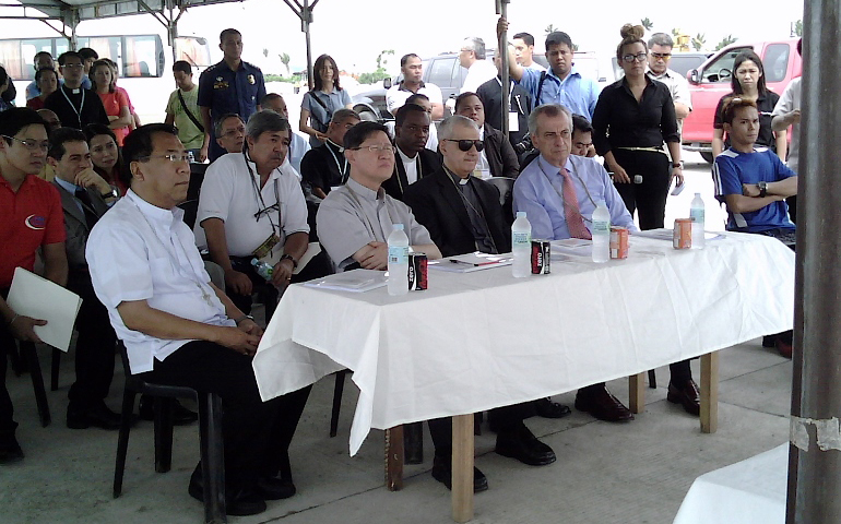 Archbishop John Du of Palo, Leyte (seated far left), and Cardinal Luis Tagle of Manila (to his left) accompanied a Vatican team led by Alberto Gasbarri to Tacloban City and Palo town in Leyte, central Philippines, for their first ocular inspection of possible sites for Pope Francis' 2015 papal visit. (Ronald Ramos)