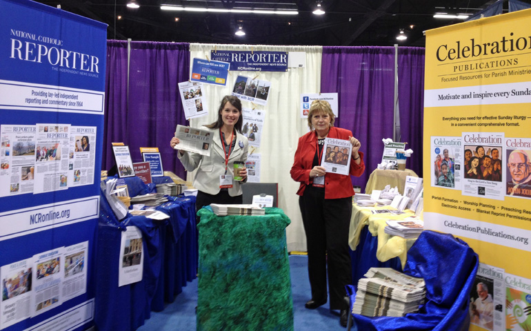 Marketing manager Sara Wiercinski, left, and Director of Mission and Program Development Denise Simeone at NCR's booth at the LA Religious Education Congress