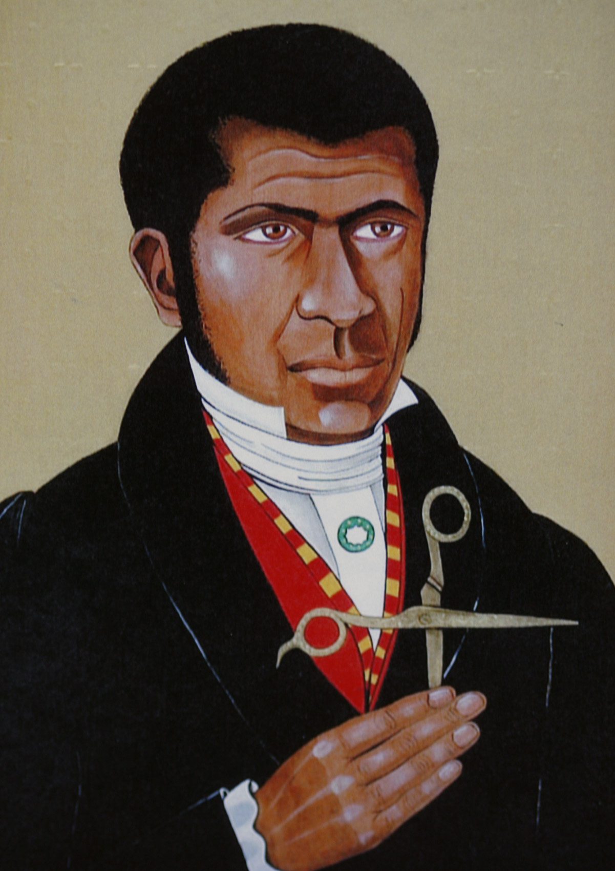 Painting of Pierre Toussiant holding golden scissors in shape of cross (CNS photo/courtesy Christina Miller) (March 7, 2008)