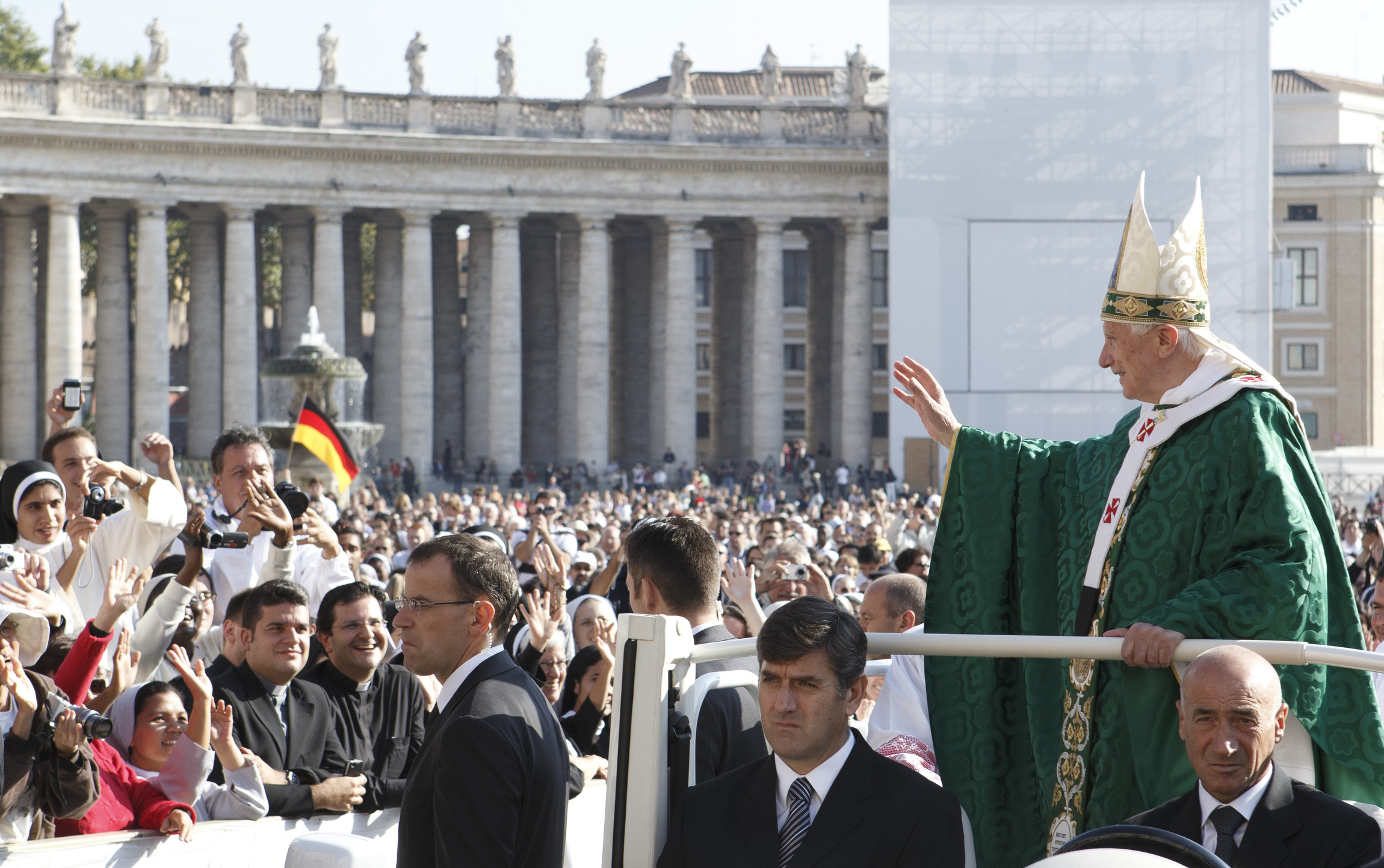 Pope Benedict XVI in open-air jeep before a Mass in St. Peter's Square on Oct. 11, 2012