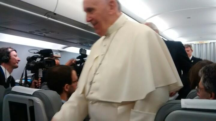 Pope Francis flying back from Sarajevo June 6.  (NCR/Joshua J. McElwee)