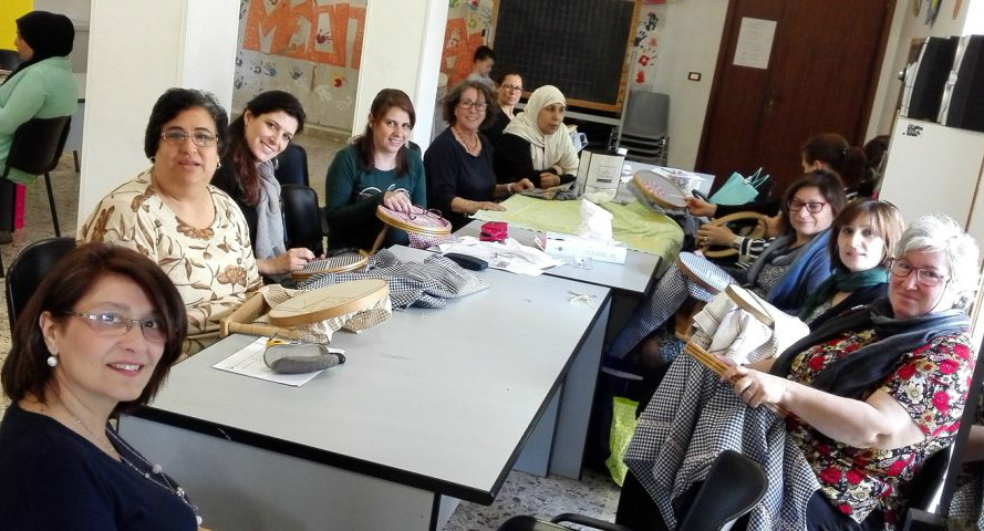 Local Sicilian and Tunisian women participate in an embroidery class once a week in collaboration with La Fondazione San Vito Onlus in Mazara del Vallo, Sicily. The “Women” project is overseen by the diocese and aims to integrate migrants into Italian culture. (Courtesy of Mazara del Vallo diocese/(Max Firreri)
