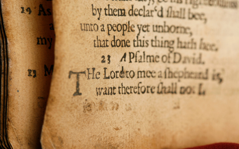 This detail photo shows Psalm 23 from the Bay Psalm Book, the first book printed in what is now the United States. The Puritan hymnal was printed in 1640 in Cambridge, Mass., by Stephen Daye. Only nine remaining copies are known to exist with one selling for $14.2 million at an auction on Nov. 26, 2012 in New York.. This one is housed in the Rare Books and Special Collections Division of the Library of Congress. (CNS photo/Nancy Wiechec) (Aug. 22, 2008) 