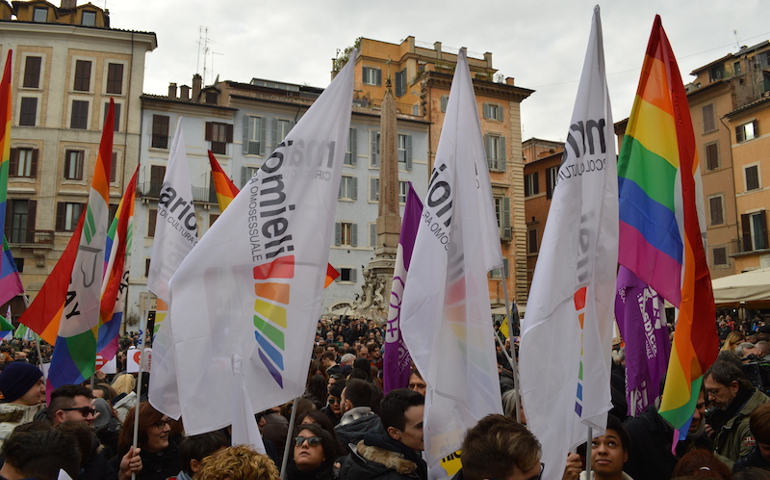 Protesters gather outside Rome’s Pantheon to call on politicians to grant legal rights to same-sex couples, ahead of a landmark vote scheduled for Jan. 28. (Rosie Scammell)