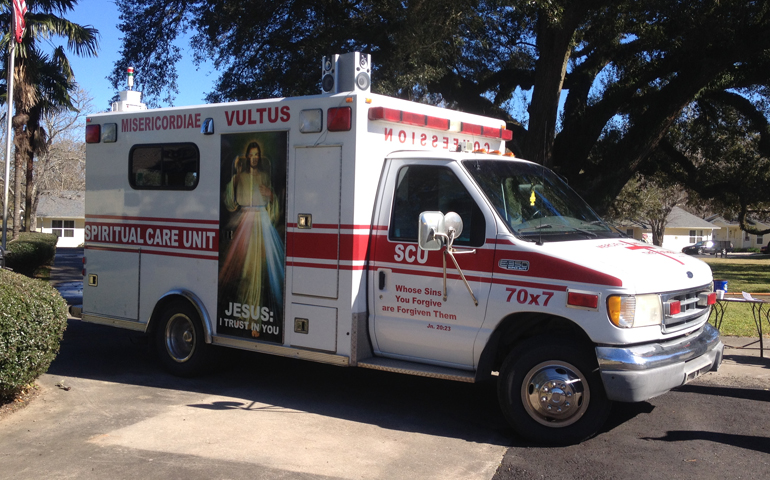 A converted ambulance has logged more than 6,400 miles in its re-purposed mission of providing spiritual outreach in Louisiana. (Photo courtesy of Fr. Michael Champagne)