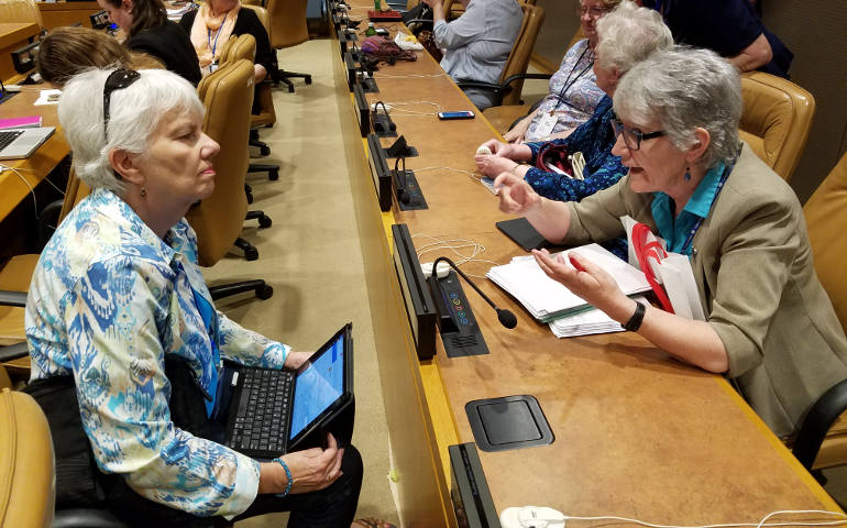 Sisters and religious congregations, including Our Lady of Charity of the Good Shepherd Sr. Winifred Doherty and the Loretto Community's Sally Dunne, had a strong presence during the UN's July 11-20 High-level Political Forum on Sustainable Development at the United Nations in New York. (GSR photo/Chris Herlinger) 