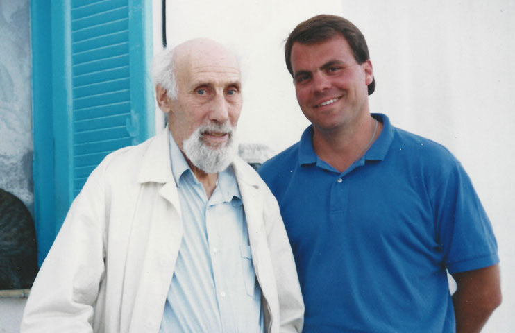 Robert Lax, left, with Michael McGregor outside of Lax’s house on the Greek island of Pasmos in 1992 (Sylvia McGregor)