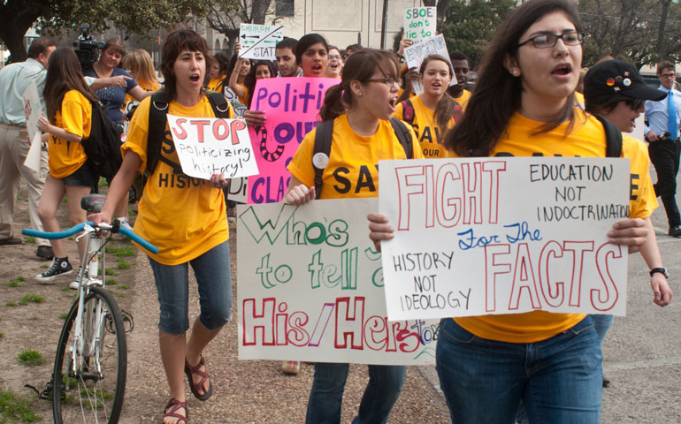Students from the University of Texas at Austin demonstrate against political influence on state textbooks March 10, 2010, in Austin. (Zuma Press/Caleb Bryant Miller)