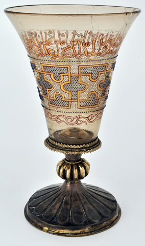 The Goblet of Charlemagne, with gold and silver enamel from 12th-century Syria, mounted on a gilded silver base from France in the 13th-14th centuries, in the collection of the Musée des Beaux-Arts de Chartres (Courtesy of the Metropolitan Museum of Art)