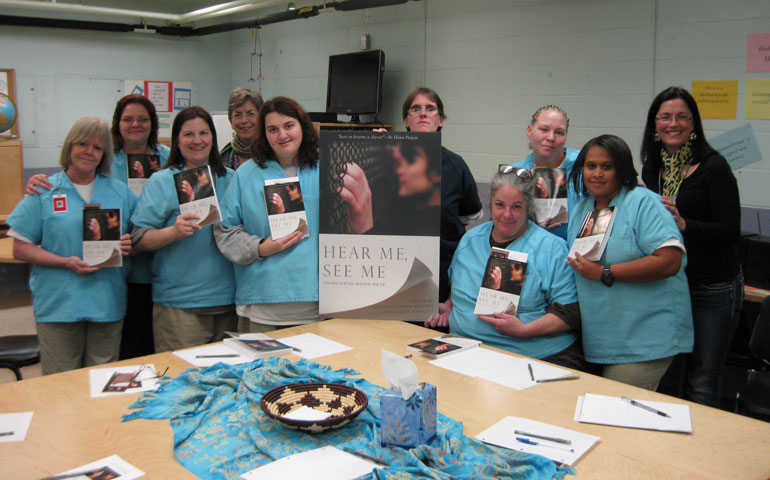 Marybeth Christie Redmond (far right) and Sarah Bartlett (fourth from left) with writers of Hear Me See Me: Incarcerated Women Speak at Chittenden Correctional Facility in Vermont (Courtesy of Marybeth Christie Redmond)