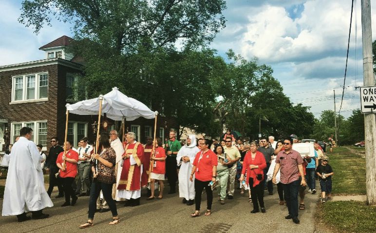 Hundreds march in a Eucharistic procession on June 4 in Gary, Indiana, following the closing synod Mass. (Courtesy of Gary Diocese)