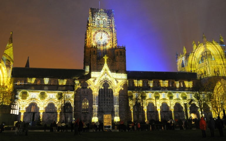 Pages from the Lindisfarne Gospels are projected onto Durham Cathedral in Durham, northern England, on Nov. 12, 2009. (REUTERS/Nigel Roddis)