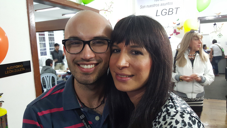 Jaime Ricardo Cadavid, the coordinator of one of Bogota’s gay community centers, left, with Azahy Ali Triana de la Peña, a transgender woman. (Chris Herlinger)