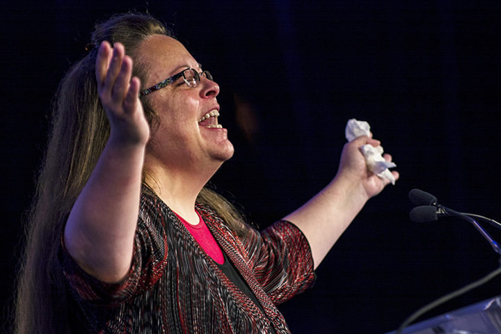 Kentucky’s Rowan County Clerk Kim Davis, who was jailed for refusing to issue marriage licenses to same-sex couples, makes remarks after receiving the “Cost of Discipleship” award at a Family Research Council conference in Washington on Sept. 25, 2015. (Reuters/James Lawler Duggan)