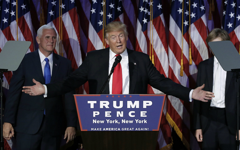 Republican U.S. presidential nominee Donald Trump speaks at his election night rally in Manhattan, New York, on November 9, 2016. (Reuters/Mike Segar)