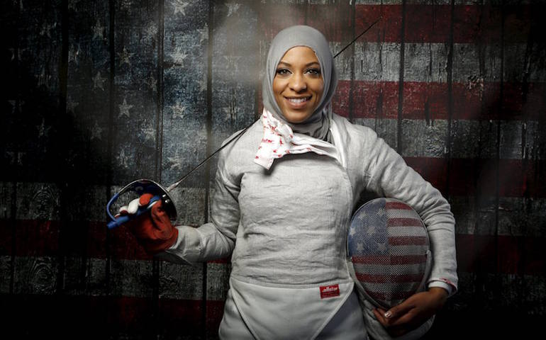 U.S. Olympic team fencer Ibtihaj Muhammad poses for a portrait at the U.S. Olympic Committee media summit in Beverly Hills, Calif., March 9, 2016. (Photo courtesy REUTERS/Lucy Nicholson)