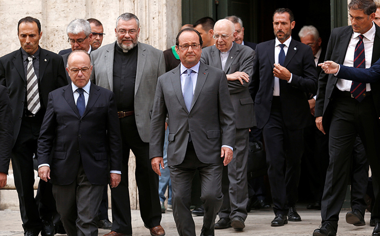 French President Francçois Hollande leaves the Church of St. Louis of the French in Rome on Aug. 17, 2016. Reuters/Remo Casilli 